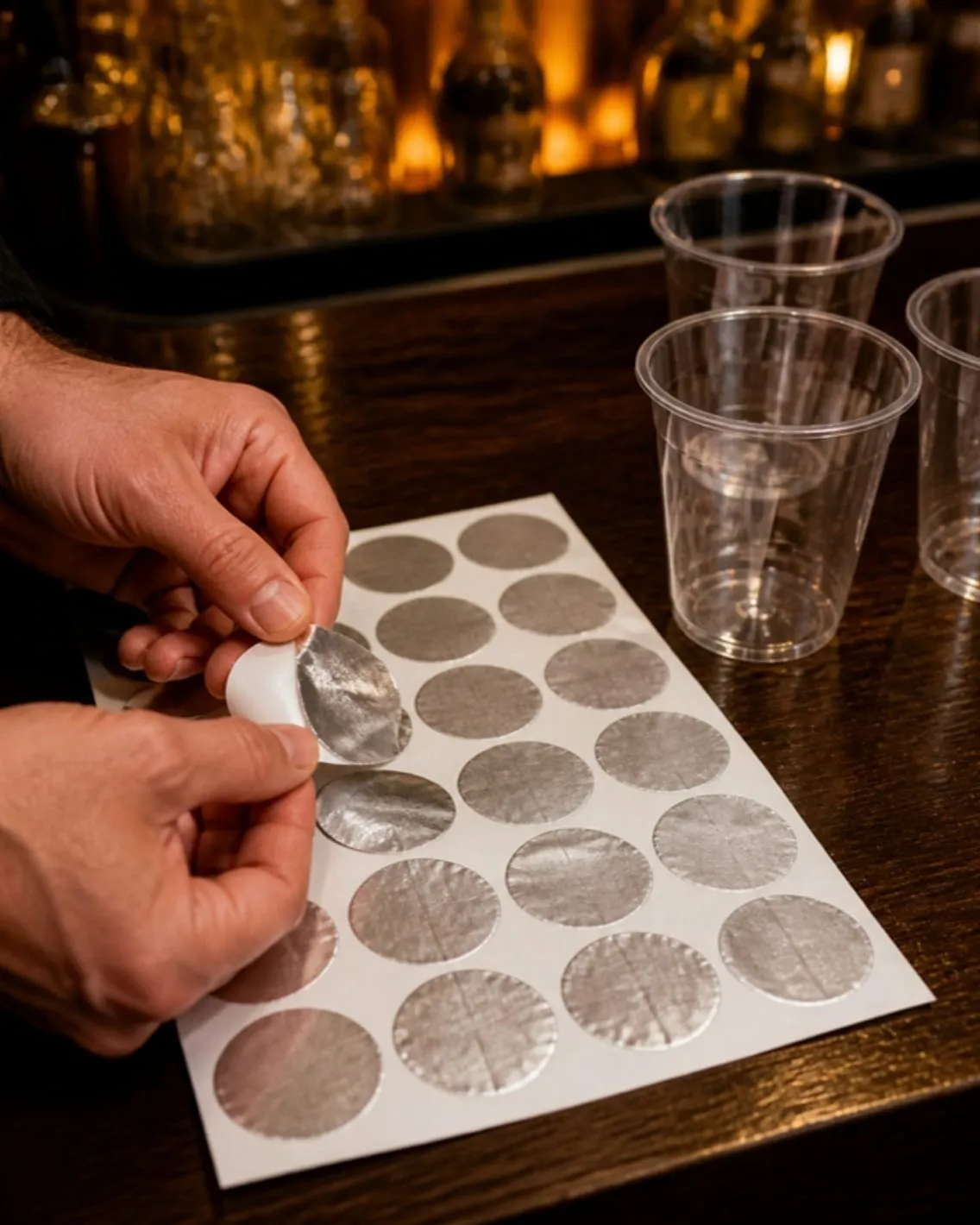 Hoja de tapas de aluminio SaftyCaps en la barra y una mano despegando una